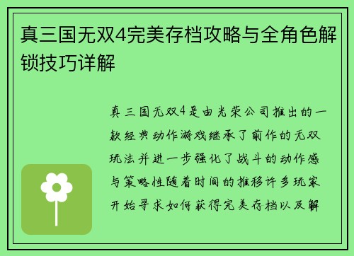 真三国无双4完美存档攻略与全角色解锁技巧详解